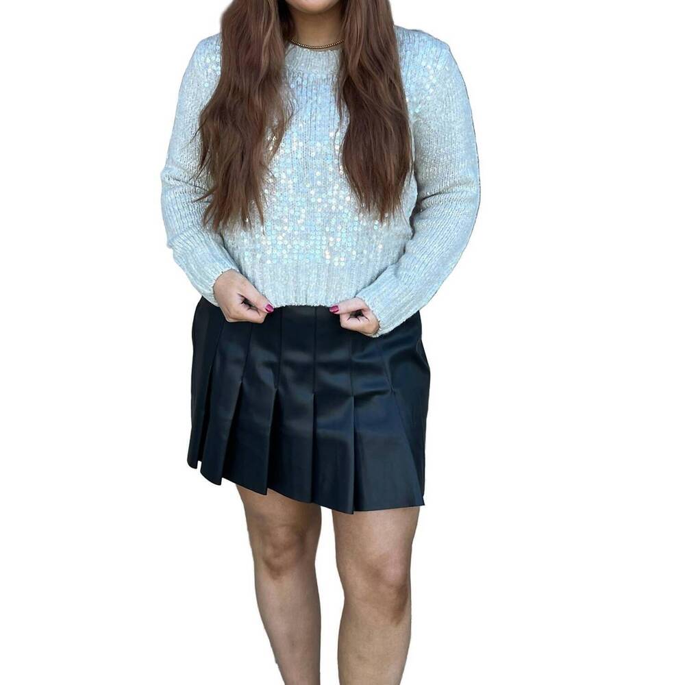 NEW ELLE GREY long sleeve sequined front sweater in glacier gray